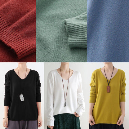 For Spring Fall Red Knitted Blouse V Neck Knitted Top