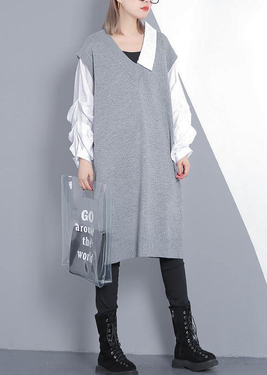 For Spring Patchwork Puff Sleeve Sweater Weather Gray Mujer Knit Dress