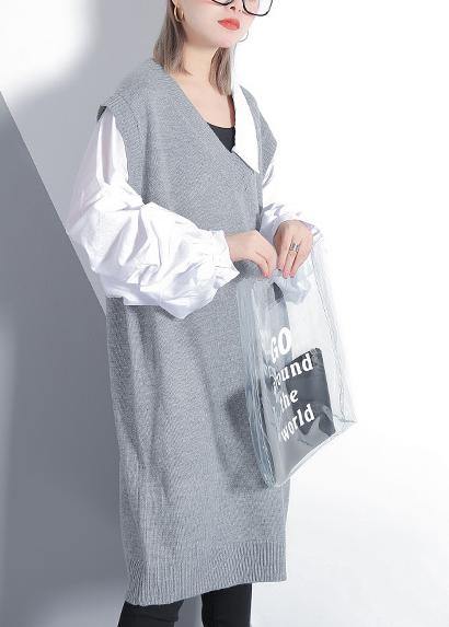 For Spring Patchwork Puff Sleeve Sweater Weather Gray Mujer Knit Dress