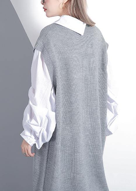 For Spring Patchwork Puff Sleeve Sweater Weather Gray Mujer Knit Dress