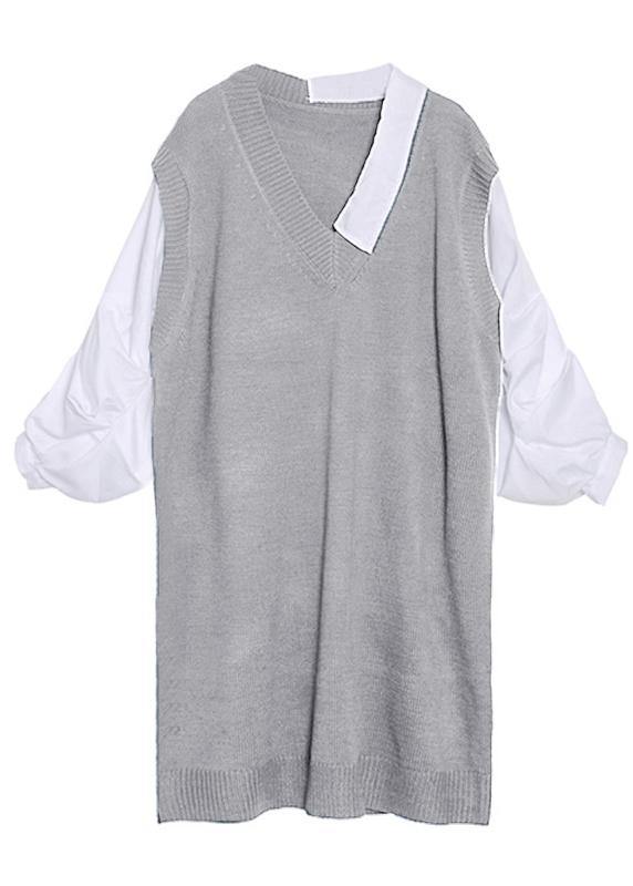 For Spring Patchwork Puff Sleeve Sweater Weather Gray Mujer Knit Dress