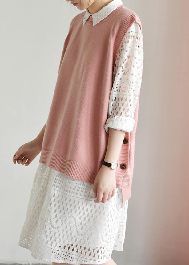 For Spring Pink Clothes O Neck Knit Tops Low High Design