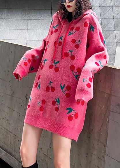 For Spring Pink Print Sweater Weather Drawstring Hooded Knitted Tops