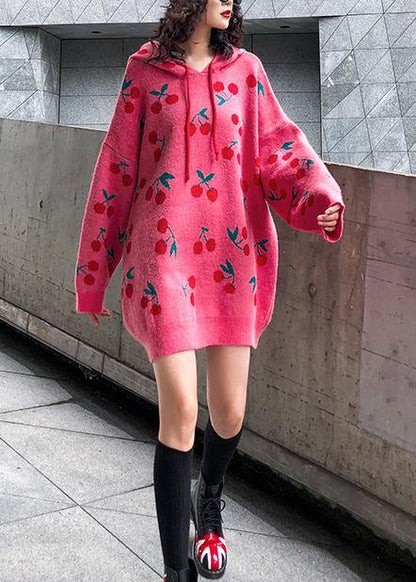 For Spring Pink Print Sweater Weather Drawstring Hooded Knitted Tops