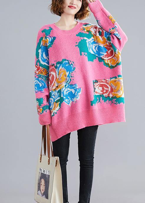 For Spring Pink Print Sweaters O Neck Knit Top Silhouette