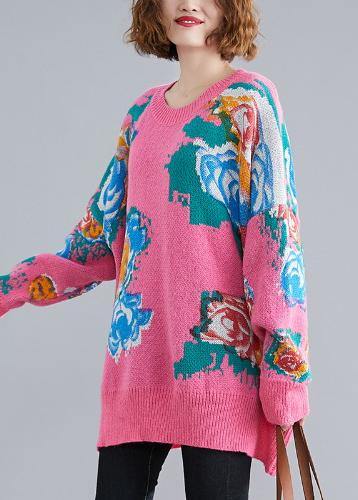 For Spring Pink Print Sweaters O Neck Knit Top Silhouette