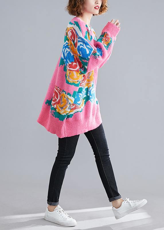 For Spring Pink Print Sweaters O Neck Knit Top Silhouette