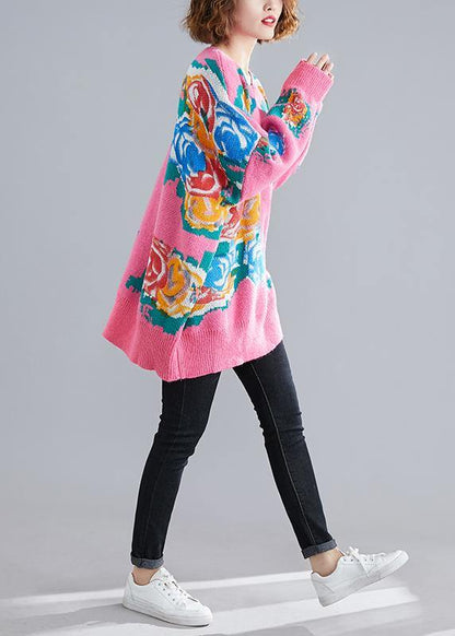 For Spring Pink Print Sweaters O Neck Knit Top Silhouette