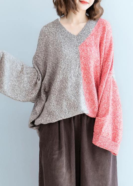 For Spring Red Knitwear V Neck Patchwork Clothes for