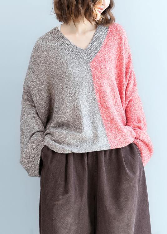 For Spring Red Knitwear V Neck Patchwork Clothes for