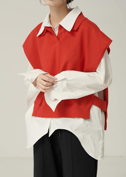 For Spring Red Sweaters Lapel Sleeveless Knit Tops