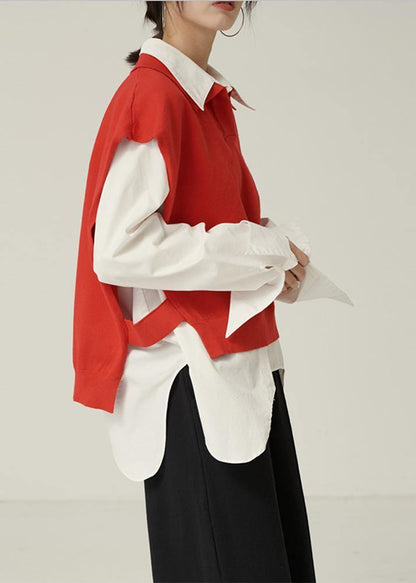For Spring Red Sweaters Lapel Sleeveless Knit Tops