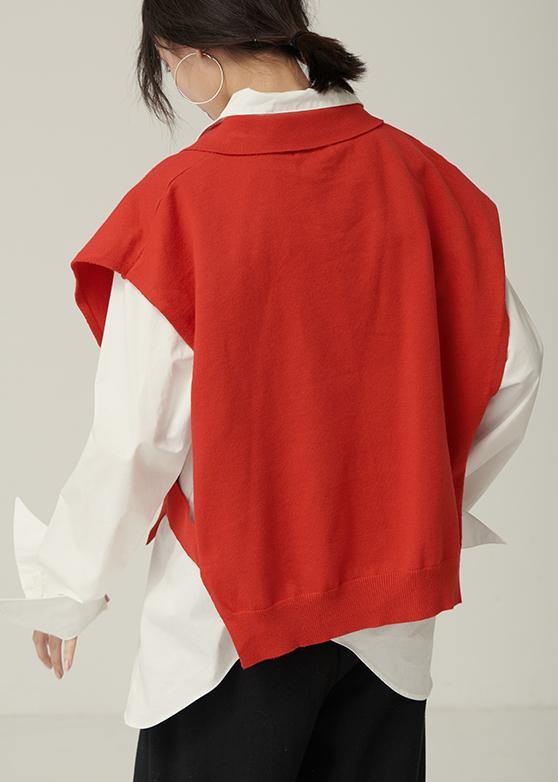 For Spring Red Sweaters Lapel Sleeveless Knit Tops