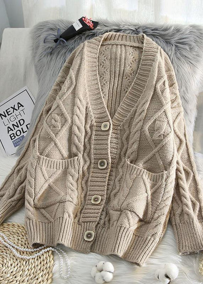 For Spring V Neck Knit Outwear Loose Fitting Blue Two Pockets Knit Coats