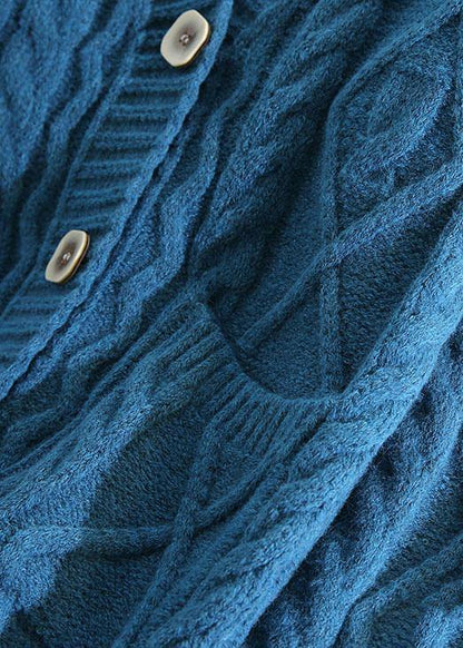 For Spring V Neck Knit Outwear Loose Fitting Blue Two Pockets Knit Coats