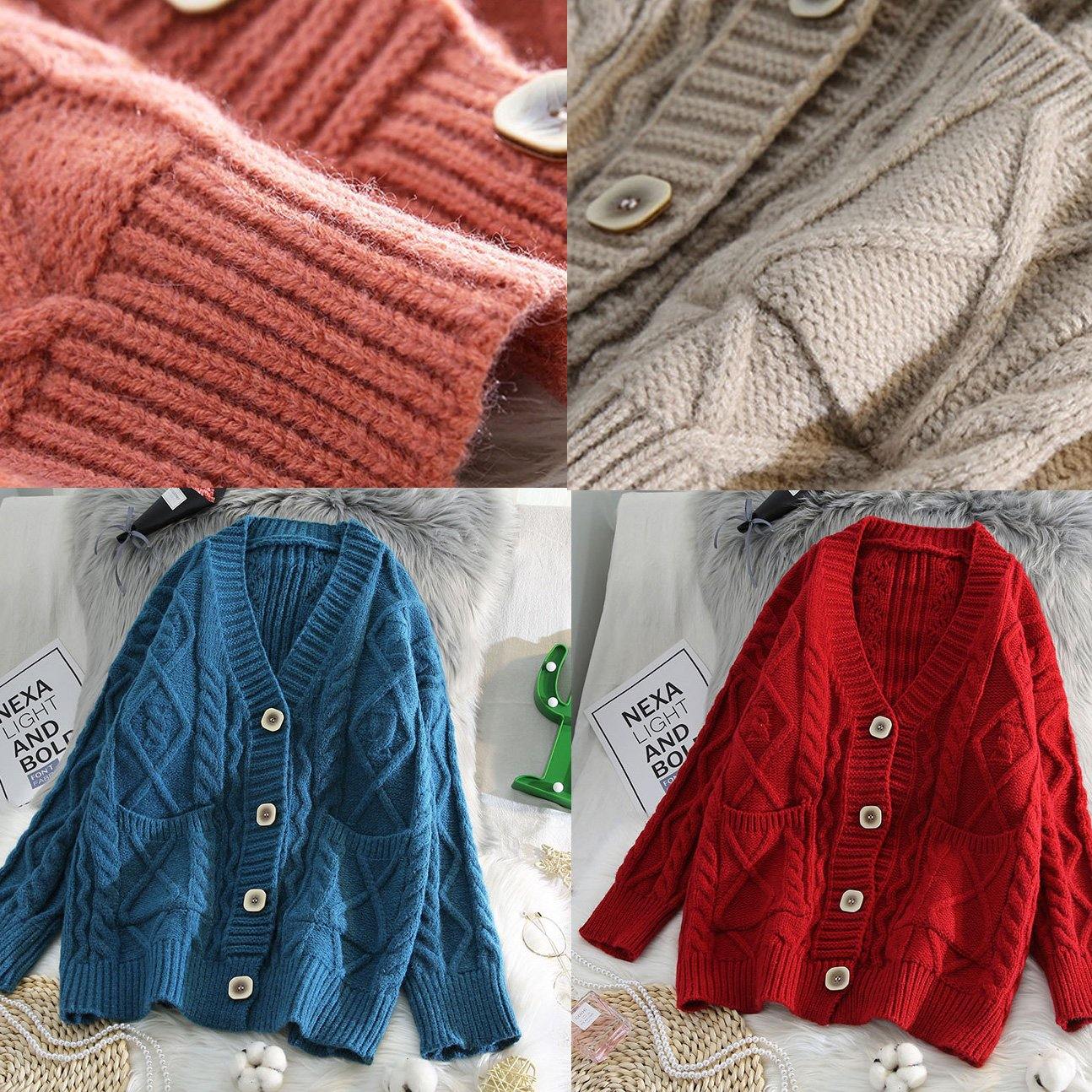 For Spring V Neck Knit Outwear Loose Fitting Blue Two Pockets Knit Coats