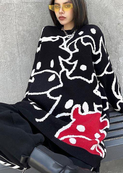 For Work Black Cartoon Flower Weaving Knit Blouse O Neck Knit Sweat Tops