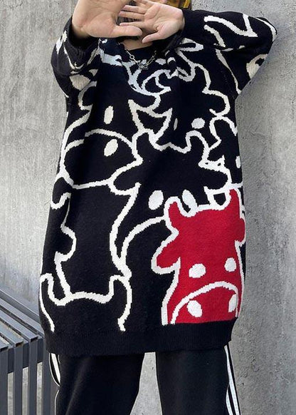 For Work Black Cartoon Flower Weaving Knit Blouse O Neck Knit Sweat Tops
