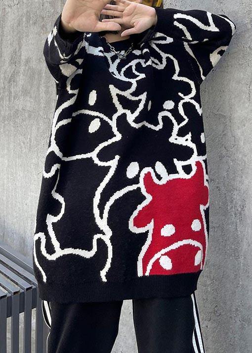 For Work Black Cartoon Flower Weaving Knit Blouse O Neck Knit Sweat Tops