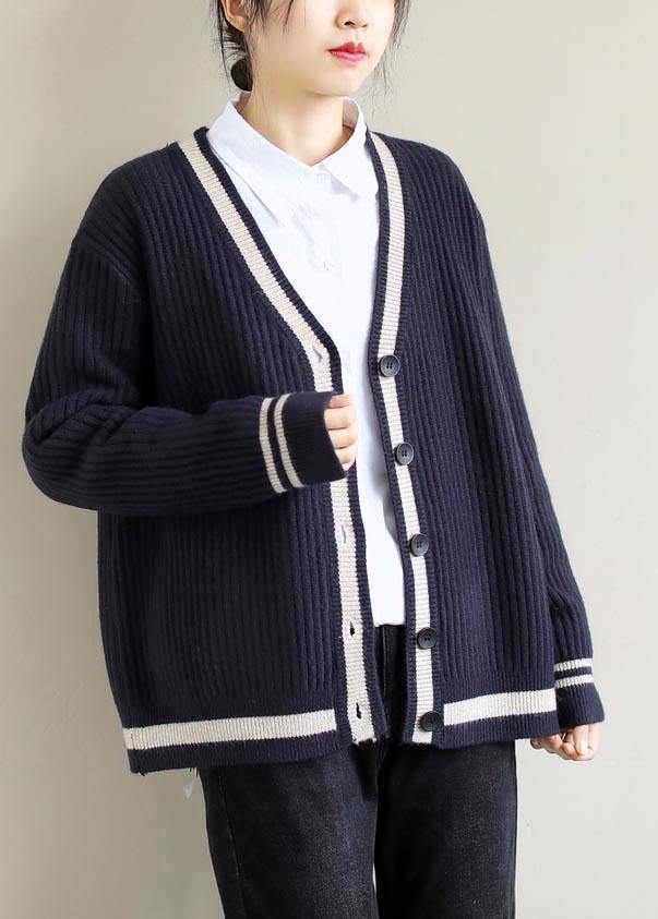For Work Spring Navy Knit Tops V Neck Button Down Top