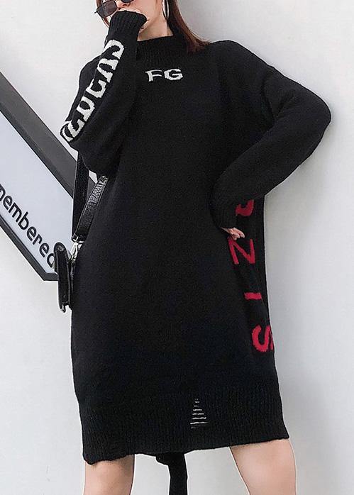 For Work Alphabet Sweater High Neck Dress Outfit Black Funny Knit Dress