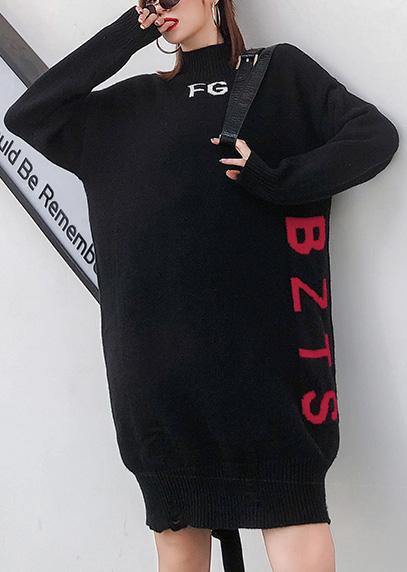 For Work Alphabet Sweater High Neck Dress Outfit Black Funny Knit Dress