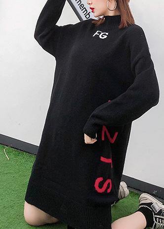 For Work Alphabet Sweater High Neck Dress Outfit Black Funny Knit Dress