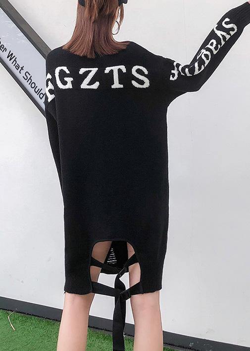 For Work Alphabet Sweater High Neck Dress Outfit Black Funny Knit Dress