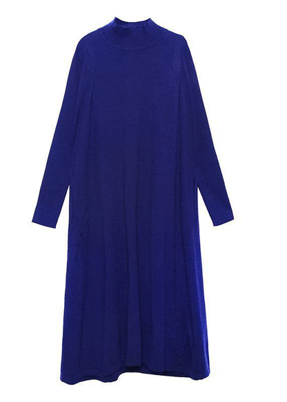 For Work Blue Sweater Dress Design High Neck Large Hem Art Fall Knit Dress
