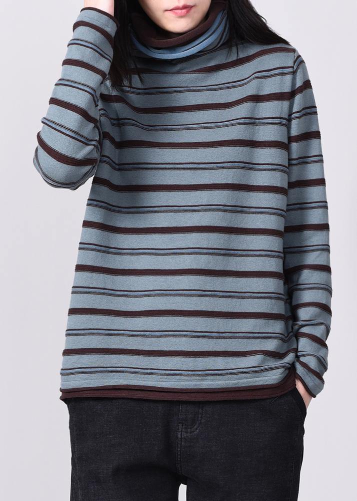 For Work Blue Knitted Blouse Striped Sweaters High Neck