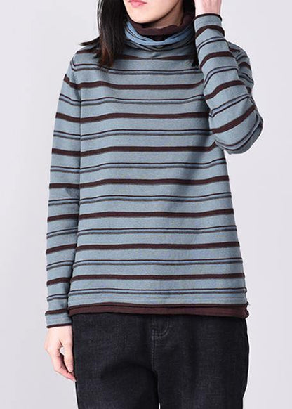 For Work Blue Knitted Blouse Striped Sweaters High Neck