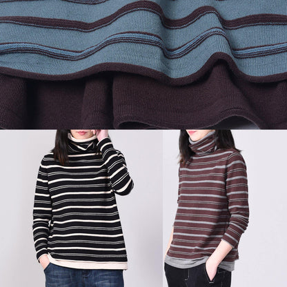 For Work Blue Knitted Blouse Striped Sweaters High Neck