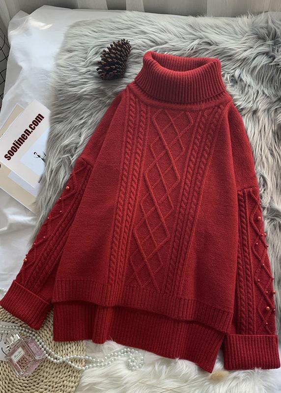 For Work Burgundy Sweater Blouse Low High Design Oversize High Neck Knitwear