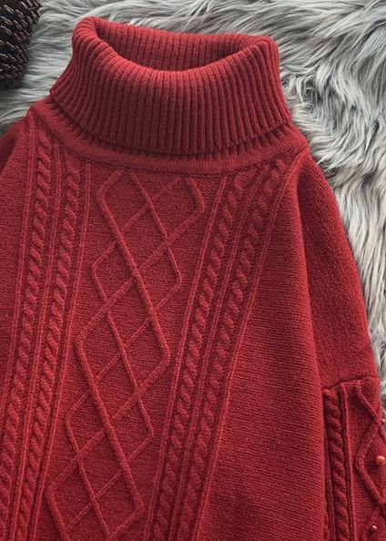 For Work Burgundy Sweater Blouse Low High Design Oversize High Neck Knitwear