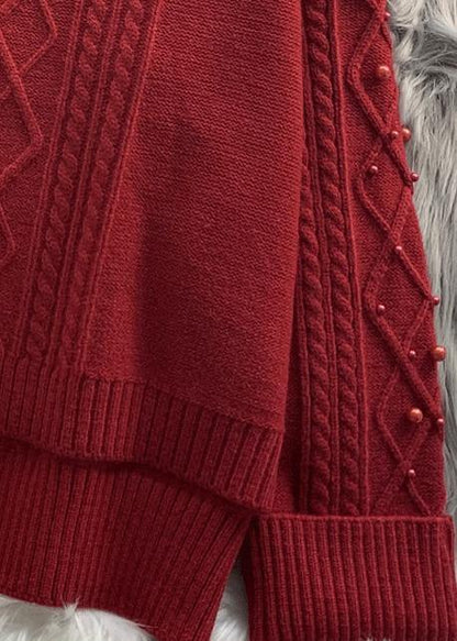 For Work Burgundy Sweater Blouse Low High Design Oversize High Neck Knitwear
