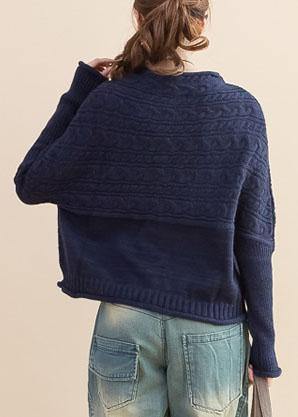 For Work Dark Blue Loose Fitting Fall Knitwear O Neck Button Down Tops