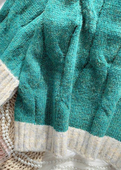 For Work Fall Green Knit Sweat Tops High Neck Patchwork Blouse