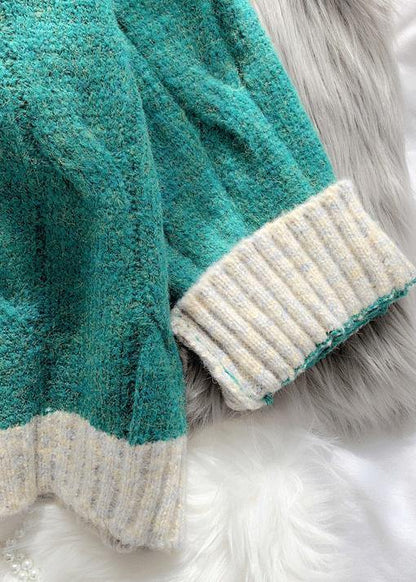 For Work Fall Green Knit Sweat Tops High Neck Patchwork Blouse