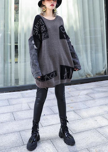 For Work Gray Chocolate Patchwork Knitted Clothes O Neck Hole Knitwear