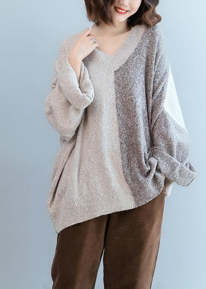 For Work Gray Knitted T Shirt V Neck Patchwork Knit Sweat Tops