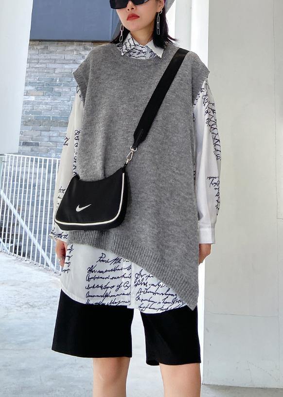 For Work Gray Sweater Tops O Neck Sleeveless Oversize Knitwear