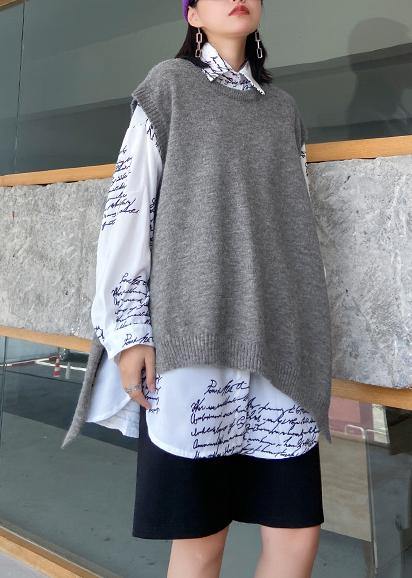 For Work Gray Sweater Tops O Neck Sleeveless Oversize Knitwear
