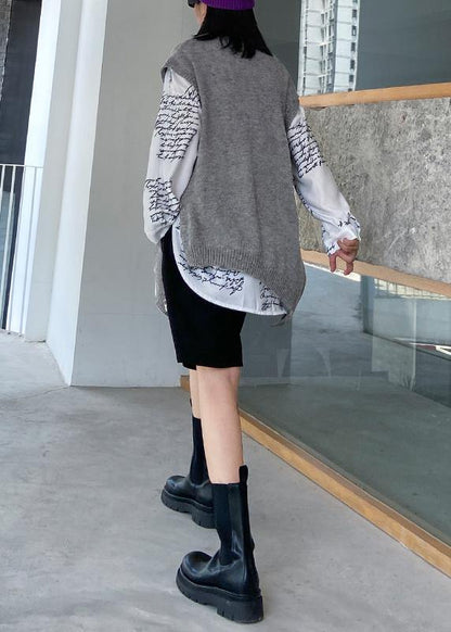For Work Gray Sweater Tops O Neck Sleeveless Oversize Knitwear