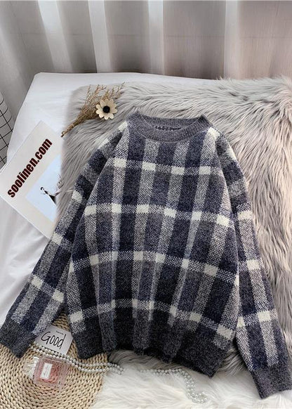 For Work Purple Knitted Clothes Warm Oversized Plaid Knitwear