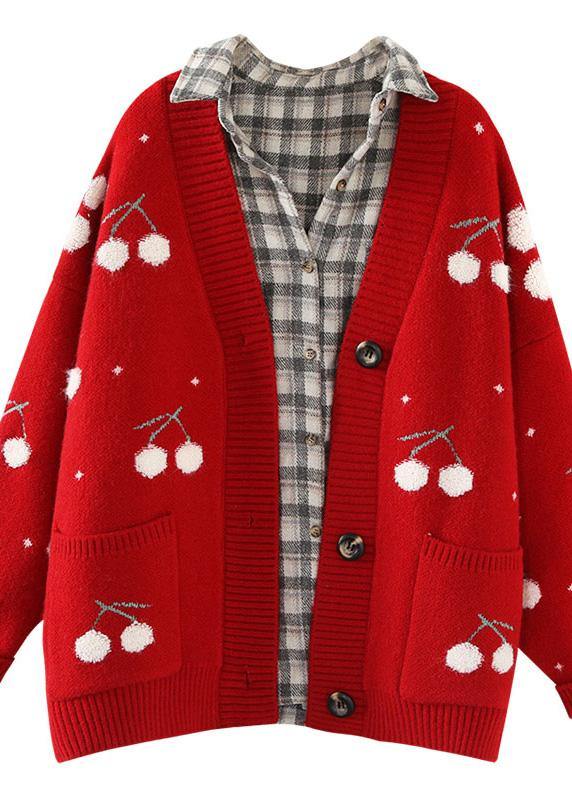 For Work Red Knitted Outwear Spring V Neck Knit Sweat Tops