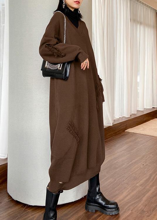 For Work V Neck Baggy Sweater Dress Outfit Moda Chocolate Funny Knitted Dress
