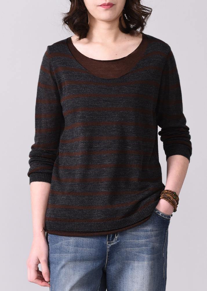For Fall Striped Knitted T Shirt False Two Piecesknit Sweat Tops O Neck