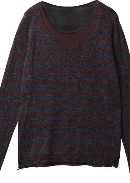 For Fall Striped Knitted T Shirt False Two Piecesknit Sweat Tops O Neck