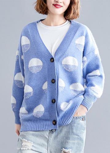 For Fall V Neck Blue Dotted Knitwear Wild Clothes