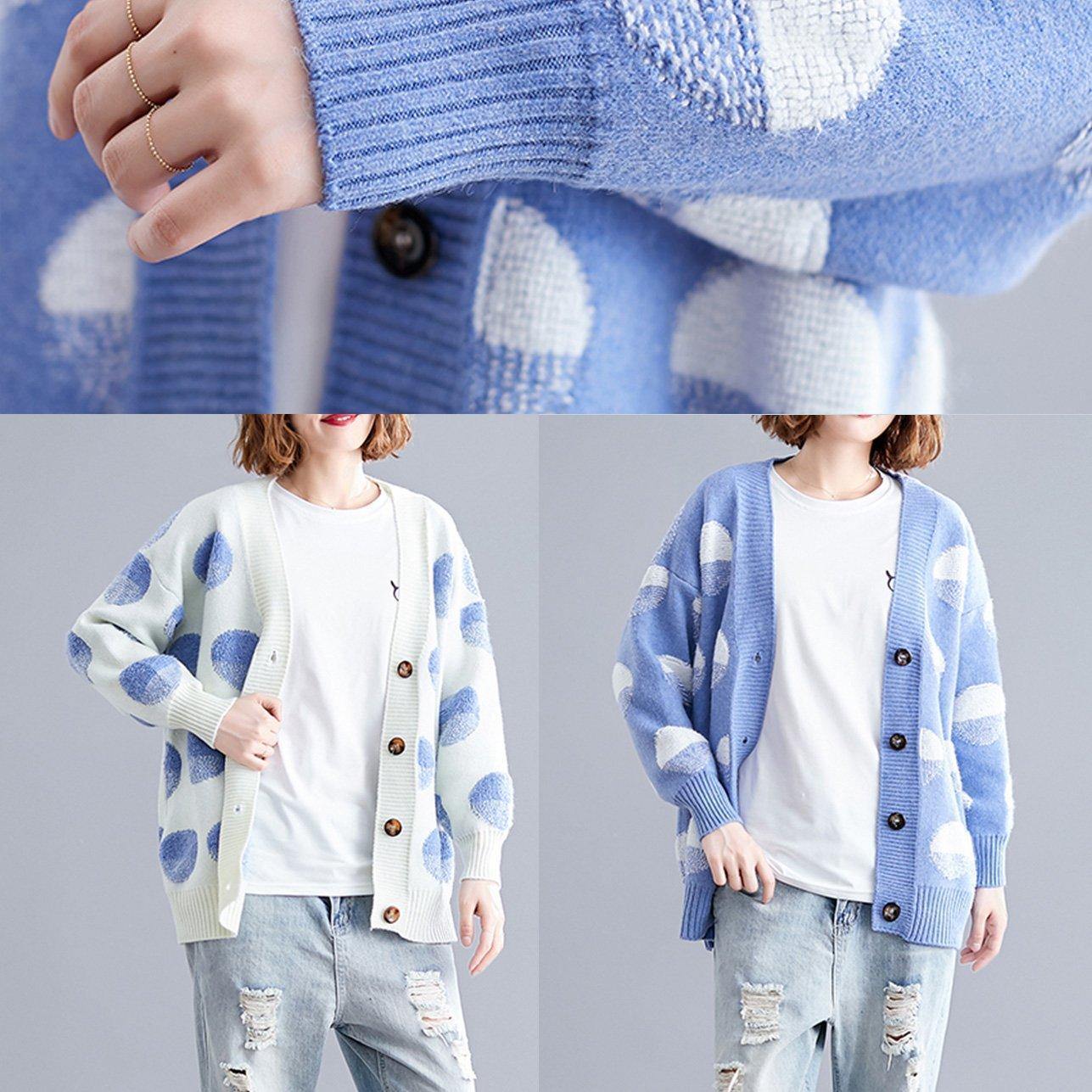 For Fall V Neck Blue Dotted Knitwear Wild Clothes